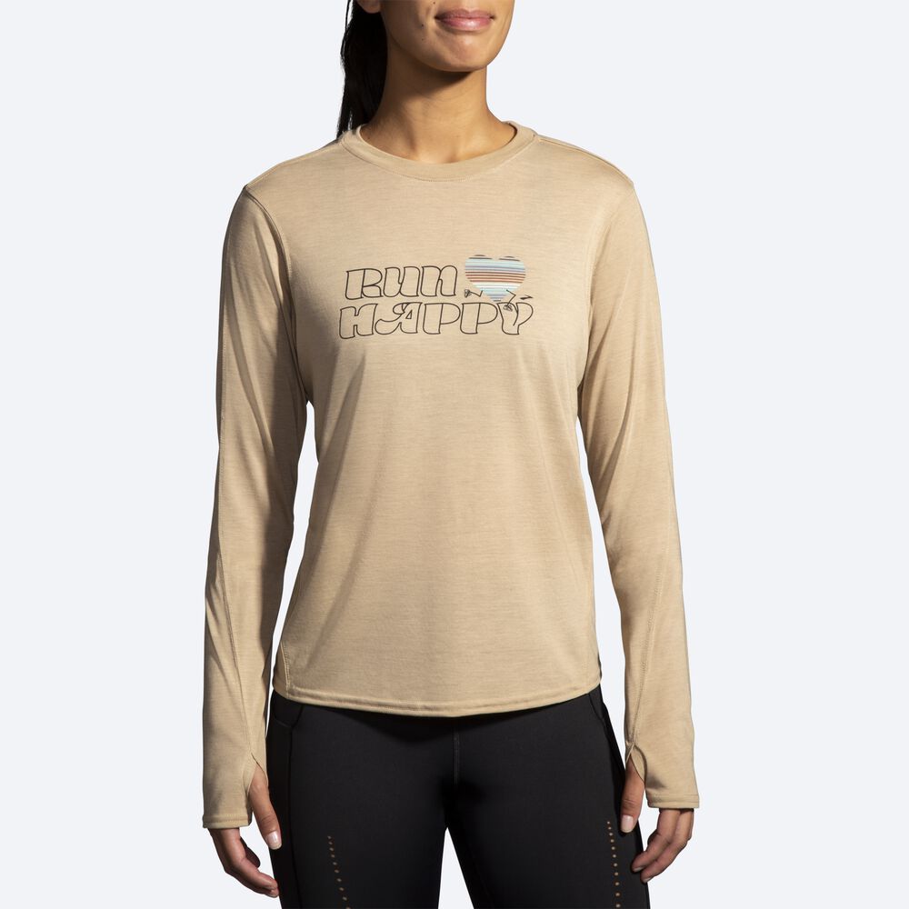 Brooks Distance Tryck Long Sleeve T-shirt Dam Beige | HXQ-481529