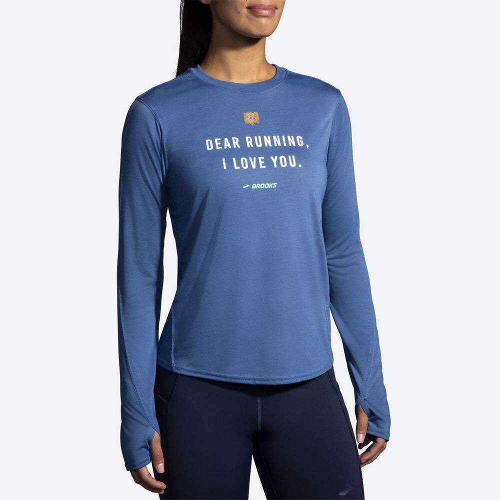 Brooks Distance Tryck Long Sleeve T-shirt Dam Blå Grå | JLR-051863