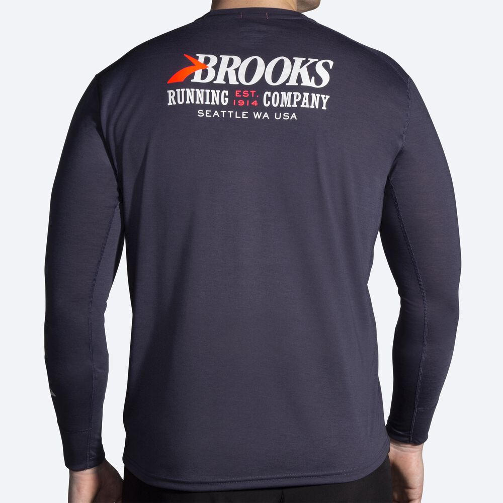 Brooks Distance Tryck Long Sleeve T-shirt Herr Marinblå | MRB-416278