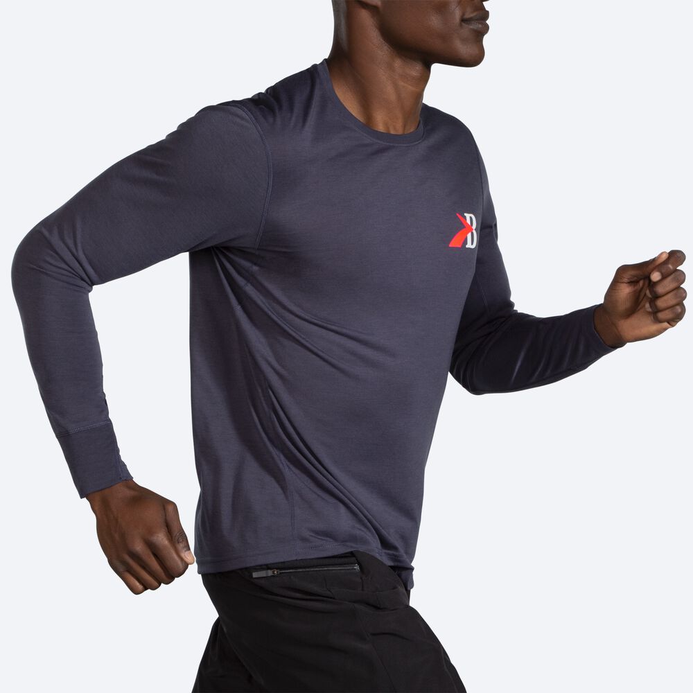 Brooks Distance Tryck Long Sleeve T-shirt Herr Marinblå | MRB-416278