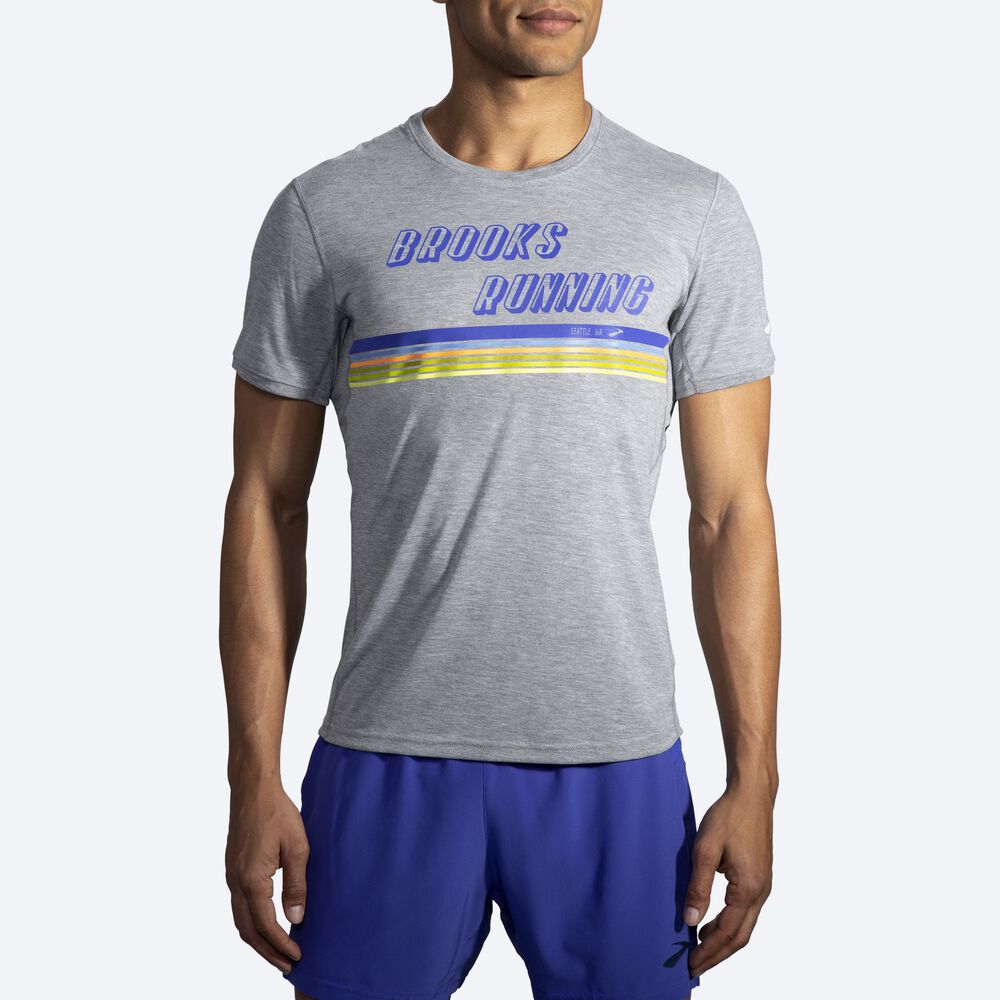 Brooks Distance Tryck Short Sleeve T-shirt Herr Grå/Randig | ETN-602413