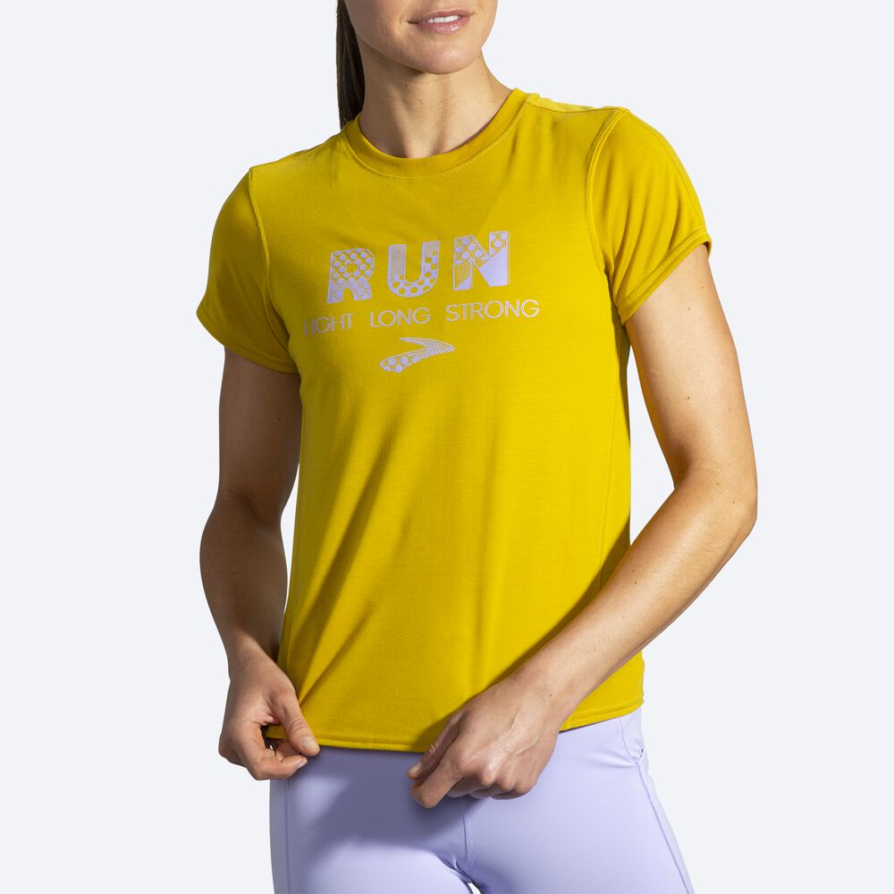 Brooks Distance Tryck Short Sleeve T-shirt Dam Guld | GOH-841273