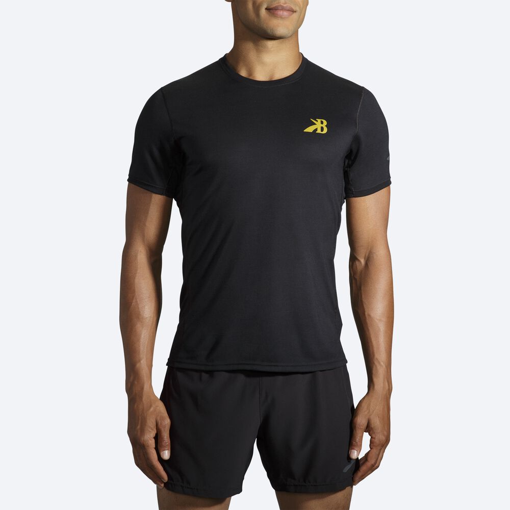 Brooks Distance Tryck Short Sleeve T-shirt Herr Svarta/Guld | JAQ-974061