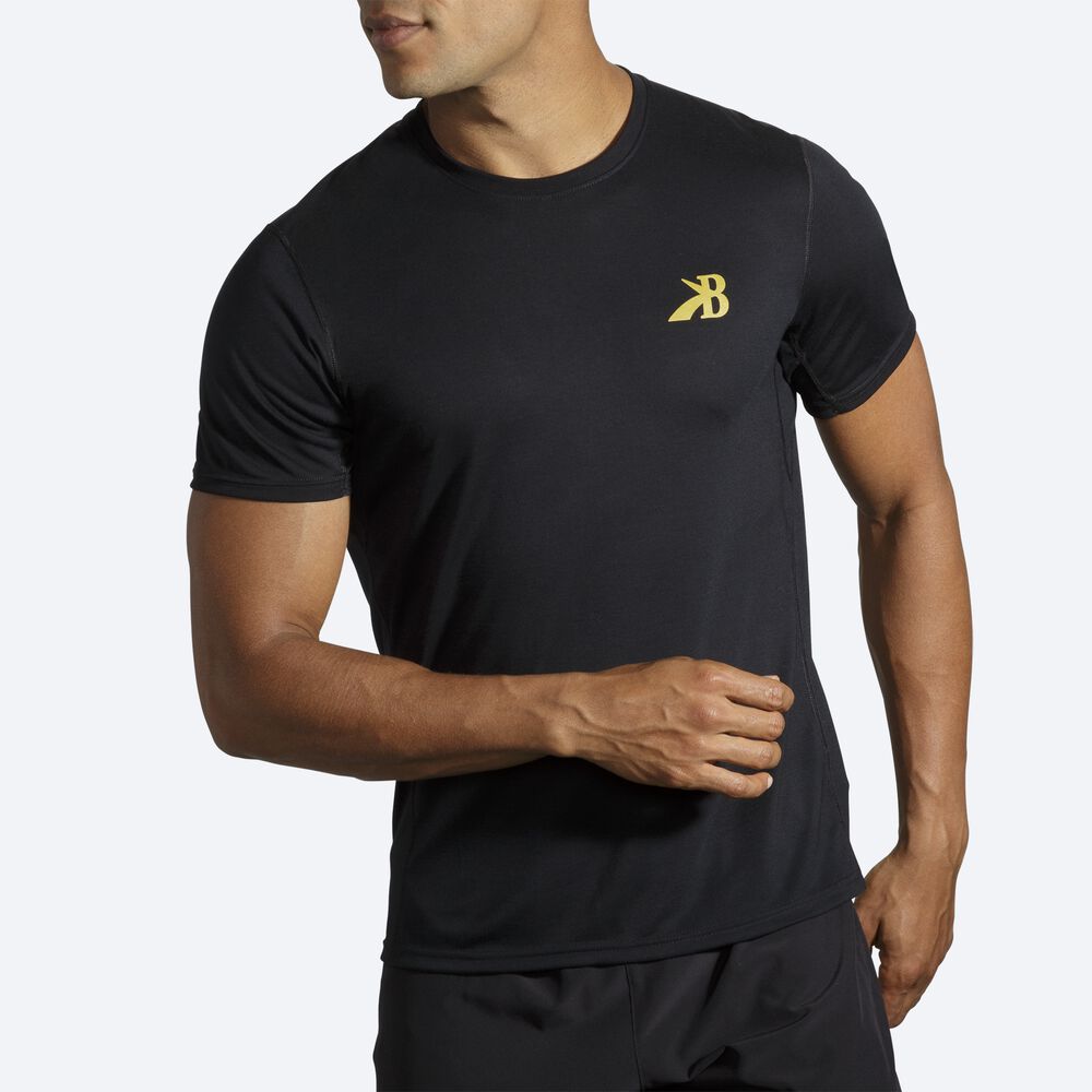 Brooks Distance Tryck Short Sleeve T-shirt Herr Svarta/Guld | JAQ-974061