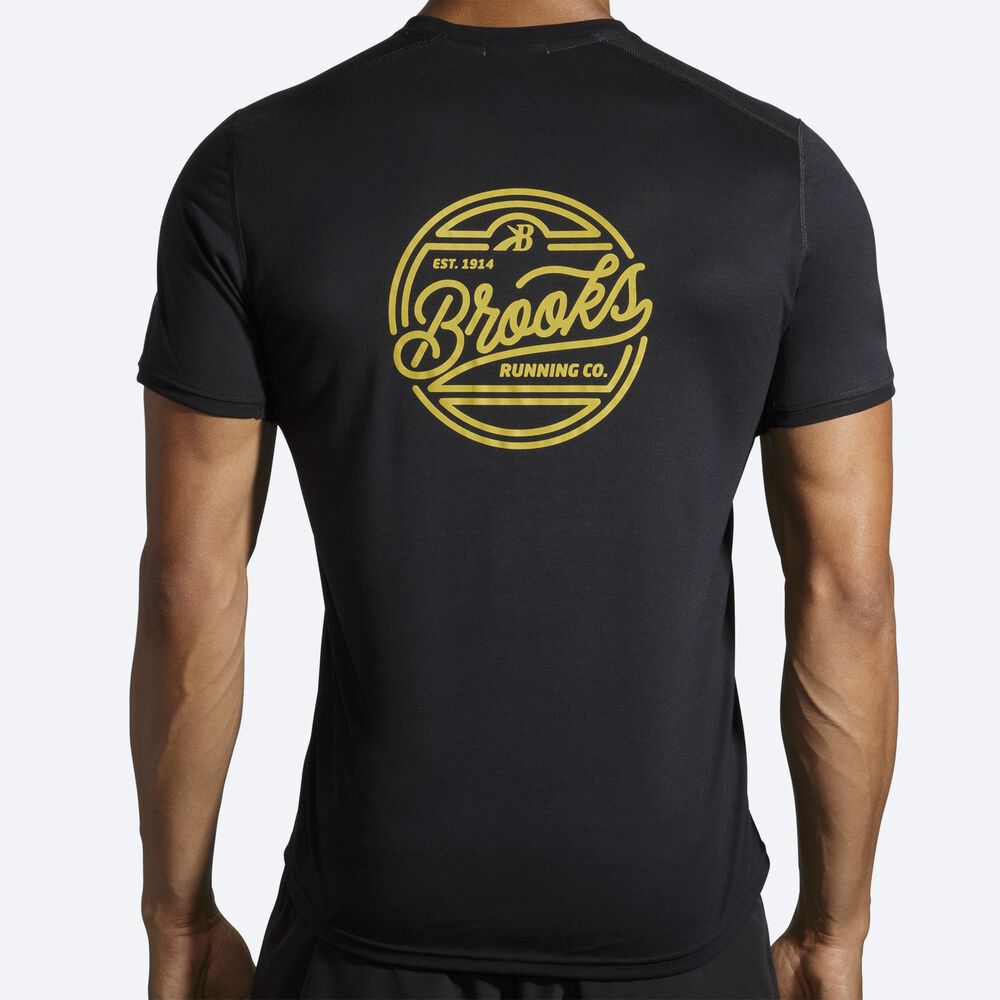 Brooks Distance Tryck Short Sleeve T-shirt Herr Svarta/Guld | JAQ-974061