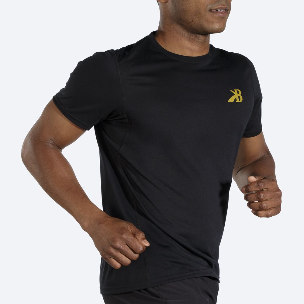 Brooks Distance Tryck Short Sleeve T-shirt Herr Svarta/Guld | JAQ-974061