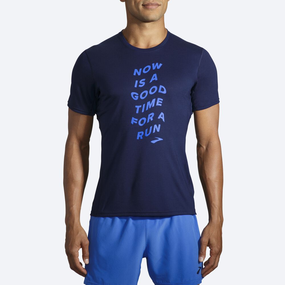 Brooks Distance Tryck Short Sleeve T-shirt Herr Marinblå/Blå | NYZ-431970