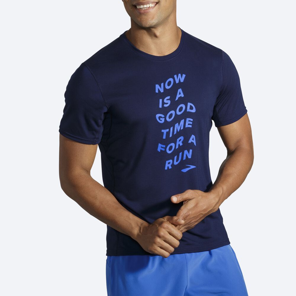 Brooks Distance Tryck Short Sleeve T-shirt Herr Marinblå/Blå | NYZ-431970