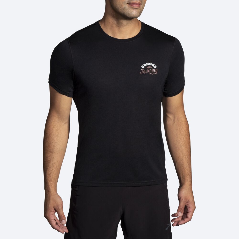 Brooks Distance Tryck Short Sleeve T-shirt Herr Svarta | RAN-894617