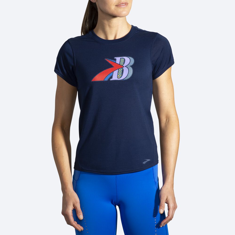 Brooks Distance Tryck Short Sleeve T-shirt Dam Marinblå | UXV-072359