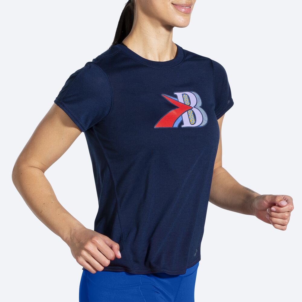 Brooks Distance Tryck Short Sleeve T-shirt Dam Marinblå | UXV-072359