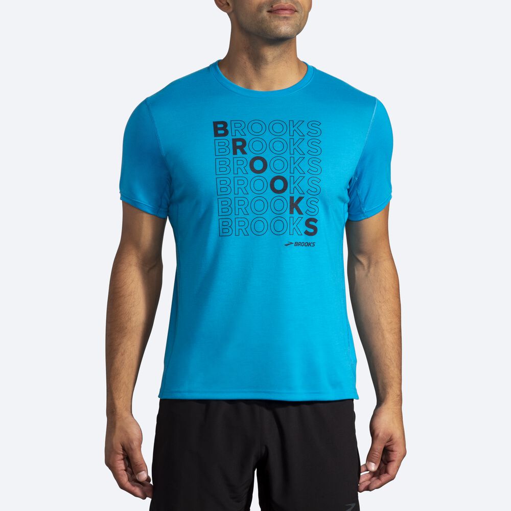 Brooks Distance Tryck Short Sleeve T-shirt Herr Blå | XZS-239615