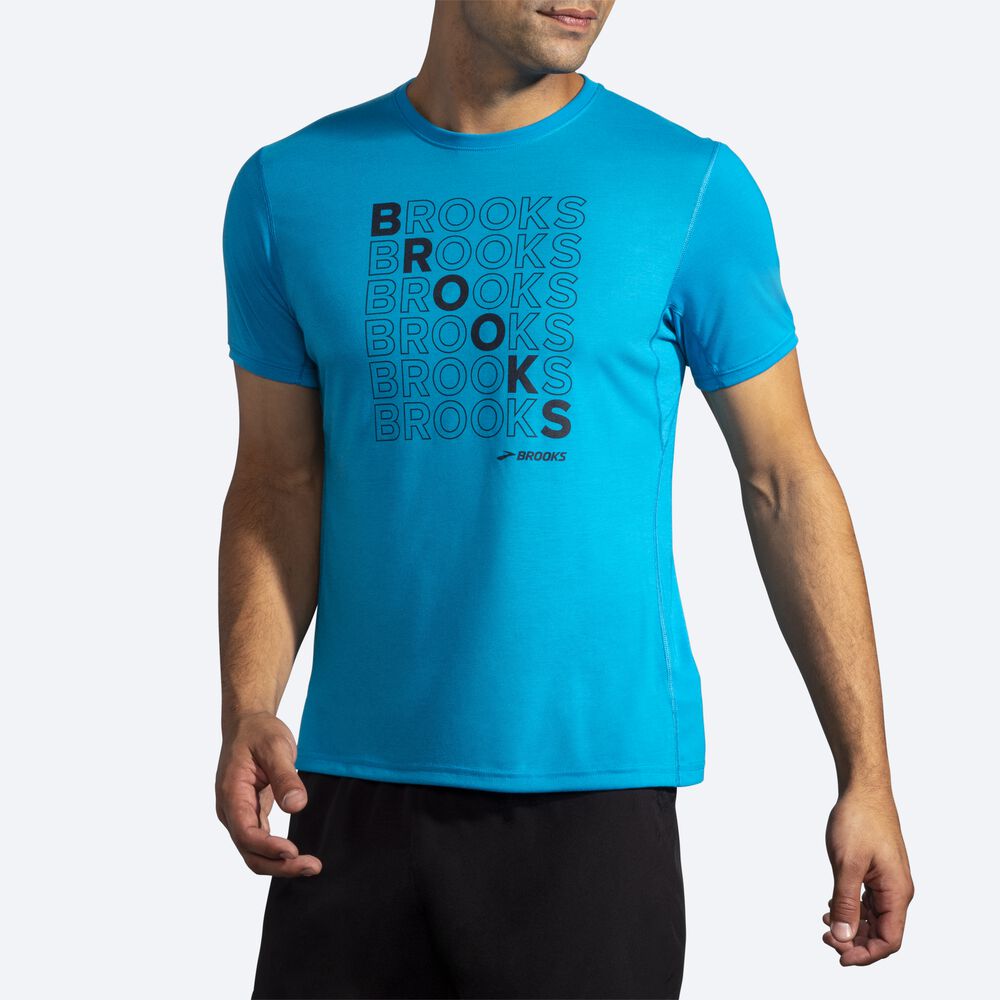 Brooks Distance Tryck Short Sleeve T-shirt Herr Blå | XZS-239615